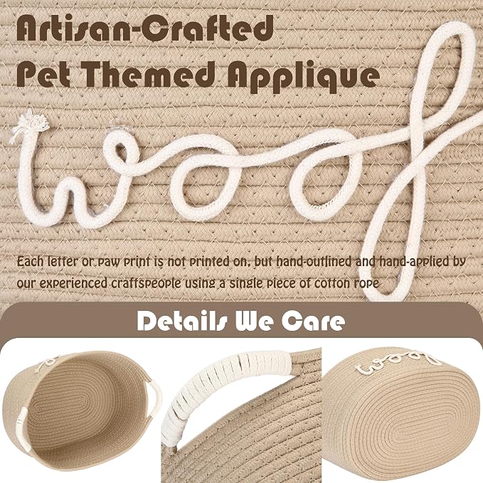 Sea Team Dog Toy Storage Basket with Handles, Beige Woof | Large Cotton Rope Storage Bin, Shelf Basket, Organizer for Pet Chew Toys, Foods, 16.5 x 11 x 7 Inches, 4.4 Gallons - Image 5