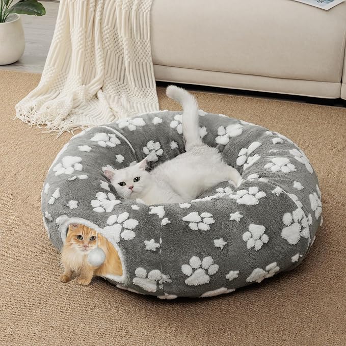 Cute Round Cat Tunnel for Indoor Cats, Grey | Peekaboo Cave with Dangling Balls, Pet Donut Tunnel Bed with Circle Mat for Puppy Kitten Rabbit - Image 5