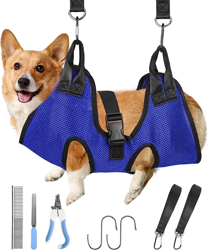 PatiencET Dog Grooming Hammock Kit | For Cats & Dogs up to 17 lb, Hanging Harness and Sling for Nail Trimming, Includes Clippers/Trimmer, File & Comb, Blue S by patiencET
