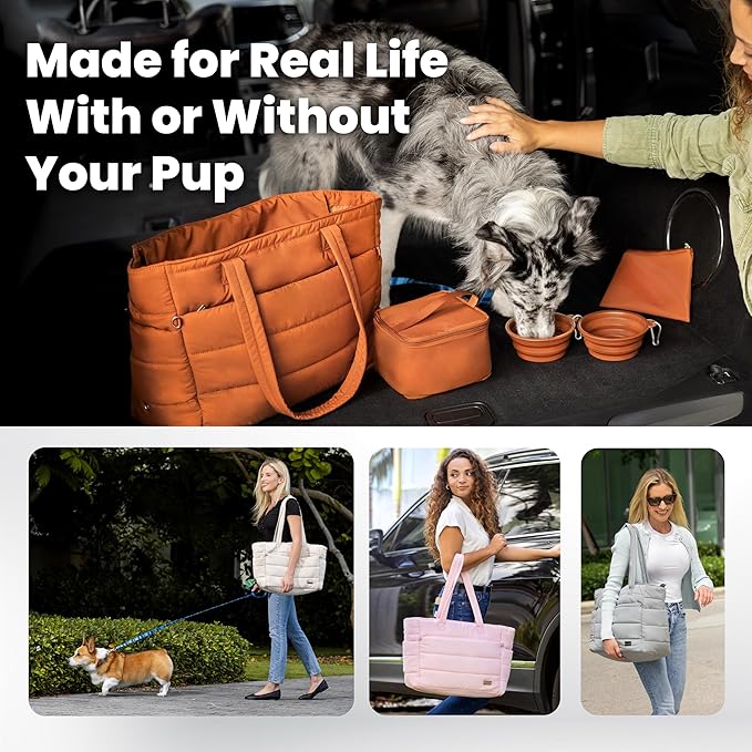 Rubyloo Puffer Dog Travel Bag for Dog Moms, Diaper Bag with Travel Bowls | 2 BPA-Free Collapsible Bowls, 2 Pet Food Containers, 9 Pockets, Everyday Puffer Bag Works With or Without Your Dog, Rust - Image 5
