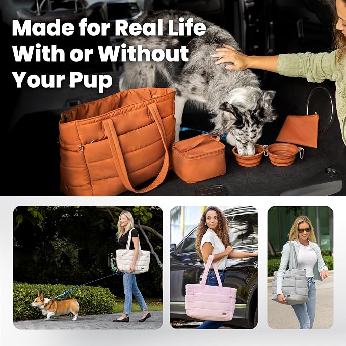 Rubyloo Puffer Dog Travel Bag for Dog Moms, Diaper Bag with Travel Bowls | 2 BPA-Free Collapsible Bowls, 2 Pet Food Containers, 9 Pockets, Everyday Puffer Bag Works With or Without Your Dog, Soft Pink - Image 5