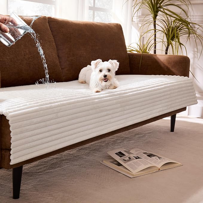 Dual Non-Slip Couch Cover for Dogs Waterproof, Fuzzy Soft Pet Couch Covers for Sofa 3 Cushion, Pet Friendly Soft Dog Bed Covers Sofa Cover Washable (White, 33" x 85" 1 Pack) by Meider