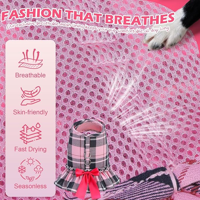 EXPAWLORER Dog Harness Small Medium Sized Dogs, No Choke No Pull Mesh Vest | Plaid Dog Dress Bowknot Harness and Leash Set Soft Cute Princess Puppy Outfits Clothes Costume for Girls Party Cats Pink XS - Image 3