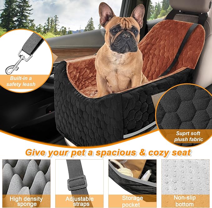 Dog Car Seat for Small/Medium Dogs, Memory Foam Dog Booster Seat, Travel Safety Per Car Seat with Washable Removable Cover, Storage Pockets for Dogs up to 35 lbs (Black/Red Brown, Small) - Image 3
