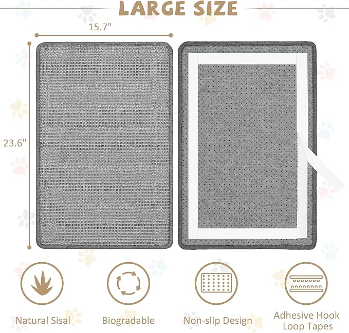 Graciadeco Gray Cat Scratching Mat Sisal, 2 Packs Sisal Fabric Large Cat Scratching Pad for Indoor Cats with Adhesive Hook Loop Tape, Wall Scratchers for Indoor Cats 23.6" x 15.7" - Image 2