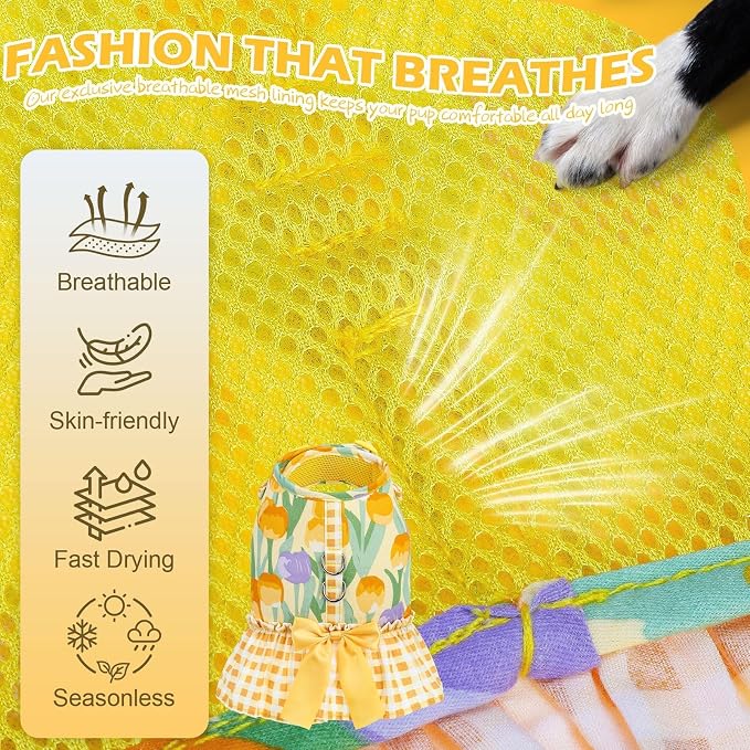 EXPAWLORER Dog Harness Small Medium Sized Dogs, No Choke No Pull Mesh Vest | Tulip Dog Dress Bowknot Harness and Leash Set Soft Cute Princess Puppy Outfits Clothes Costume for Girls Party Cats Yellow S - Image 3