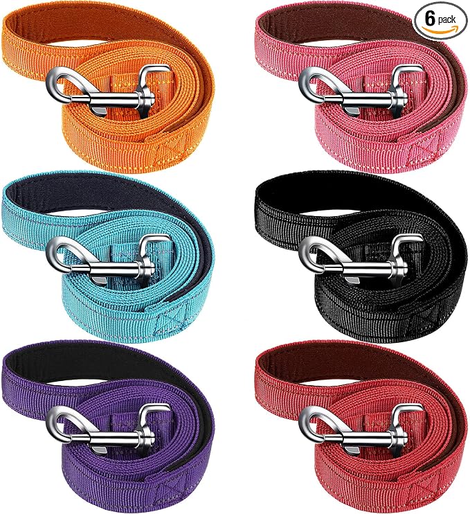 6 Pack Dog Leashes for Large Dogs, Reflective Nylon, Padded Handle, 5 ft | Bulk Set for Medium and Large Dogs, Multi Color, Double Sided Reflective Strip, Soft Grip Handle by Perthlin