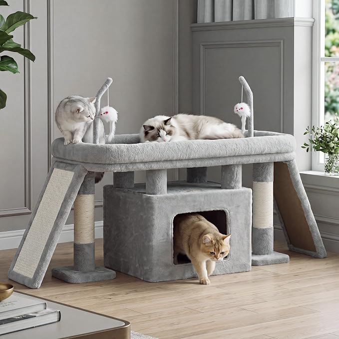 Heybly Cat Tree Extra-Long & Stable 2 Adjustable Scratch Boards HCT210SW | Easy-Climb Cat Tower with Dual-Leg Floor Condo, Sturdy Cat Furniture with Extra Wide Platform & Interactive Toys, Light Gray by HEYBLY