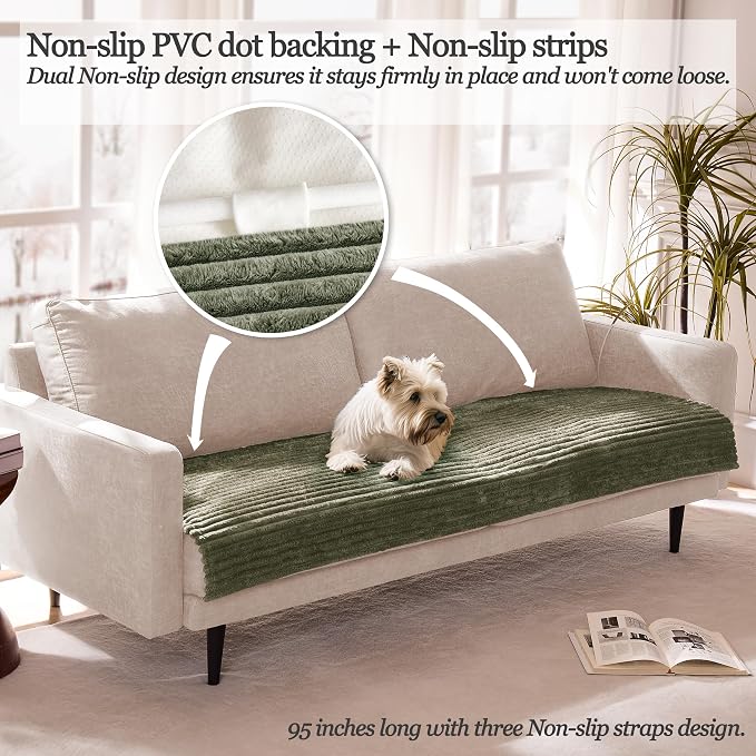 Dual Non-Slip Couch Cover for Dogs Waterproof, Fuzzy Soft Pet Couch Covers for Sofa 3 Cushion, Pet Friendly Soft Dog Bed Covers Sofa Cover Washable (Sage Green, 33" x 95" 1 Pack) - Image 2