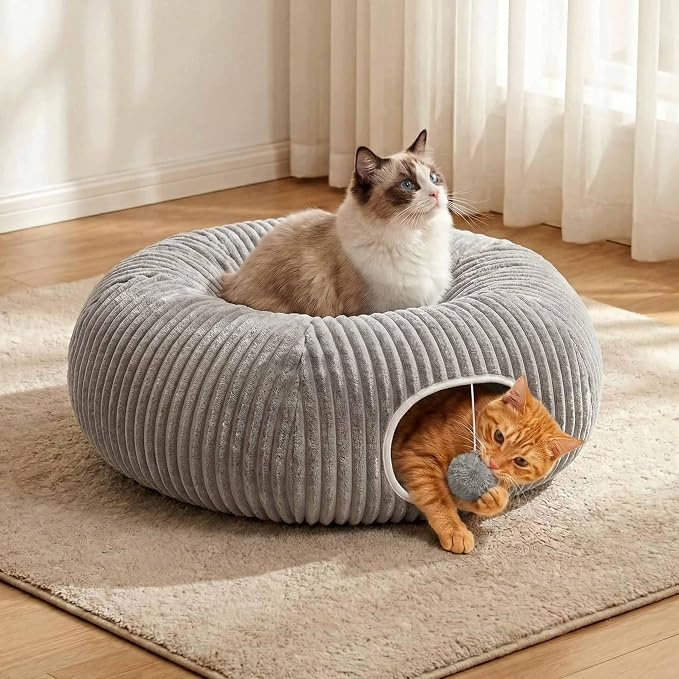 Cat Tunnel Bed for Indoor Cats, Peekaboo Cat Cave Bed,Soft Cat Donut Tunnel for Kitten Large Cats, Grey - Image 6
