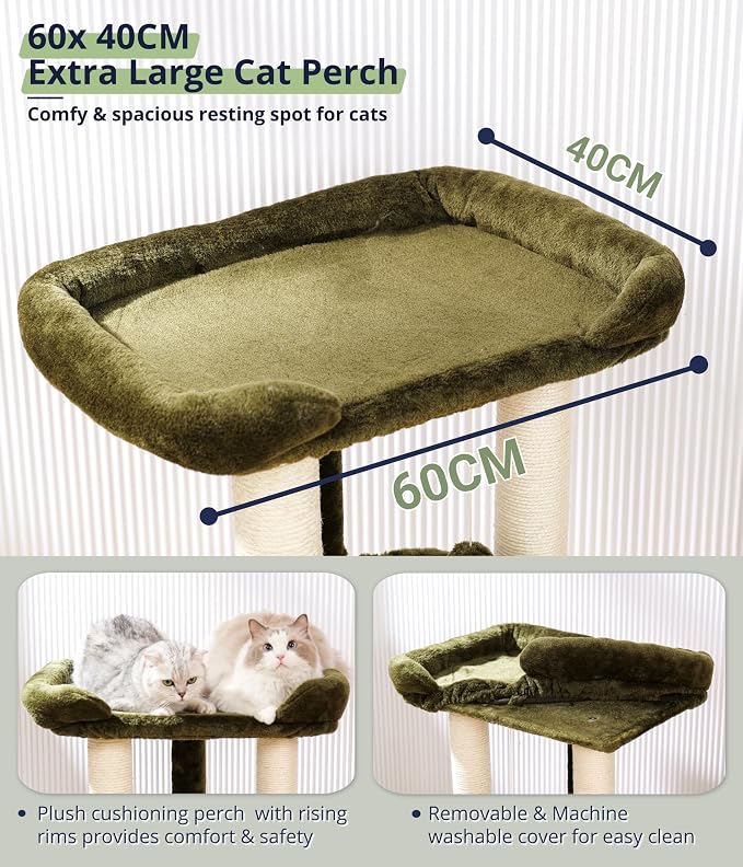 Cat Tree, Cat Scratching Posts with Large Bed for Big Cats | Green, Small Cat Tower, 28" Tall For Window Viewing, 23.6"x15.7" Large Cat Bed, Cat Hammock, Removable Cover, Solid Structure - Image 5