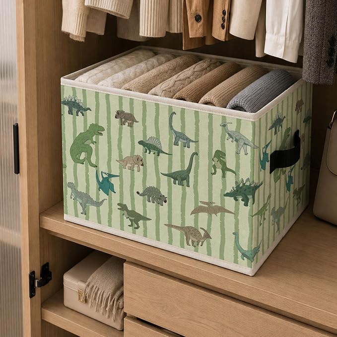 Dinosaur Kingdom Storage Bins Box with Handles, Dinosaur Lovers Collapsible Storage Basket, Green Striped Foldable Basket for Organizing Playroom Nursery Toys Books Clothes - Image 6