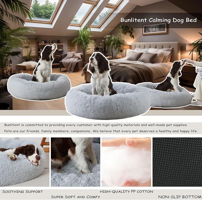 Bunlitent 23 inch Calming Dog Bed, Donut Dog Bed for Small Sized Dog, Grey | Plush Anti-Anxiety, Donut Shape, Warming Cozy, Round Cuddler Nest, Soft Cute,Marshmallow Cuddler Nest Pet Bed - Image 2