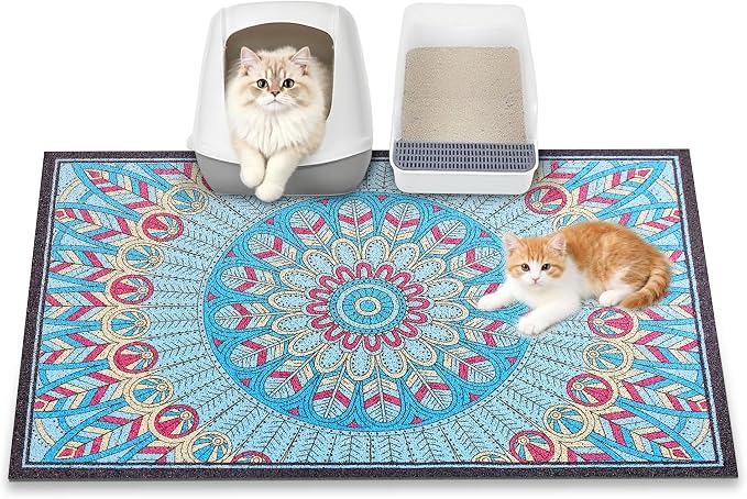 Cat Litter Mat, 35" x 23" Litter Box mat, Traps 100% Litter, Non-Slip Kitty Litter Trapping mats, Large Cute Litter mat, Easy Clean for Scatter Control, Bohe cat Food mat, Urine Waterproof by YOSEPATI