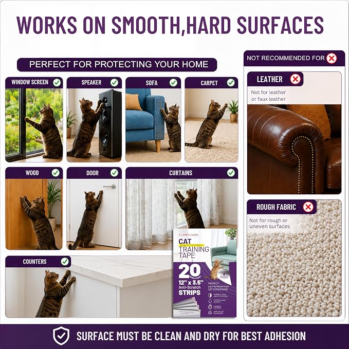 Cat Training Tape Strips – 20 Pre-Cut Double-Sided Anti Scratch Shields (12x3.5 in) – Cat Scratch Furniture Protector for Sofa & Surfaces - Image 4