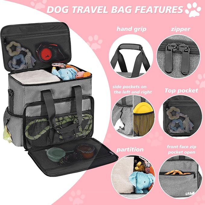Dog Travel Bag, Large Pet Travel Set with Multi-Function Pockets | 2 Food Storage Containers, 2 Collapsible Bowls, 1 Feeding Mat for Pet Supplies, Road Trip Essentials, Weekend Camping, Grey - Image 9