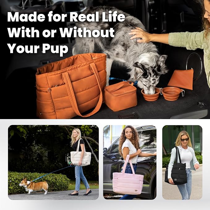 Rubyloo Puffer Dog Travel Bag for Dog Moms, Diaper Bag with Travel Bowls | 2 BPA-Free Collapsible Bowls, 2 Pet Food Containers, 9 Pockets, Everyday Puffer Bag Works With or Without Your Dog, Black - Image 5