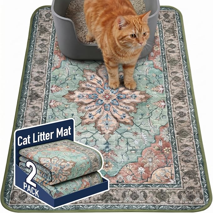 Hompet Cat Litter Mat 2 Pack, 24x36 Large Machine Washable Trapping Mats for Cats, Super Absorbent & Urine-Proof Cat Litter Box Mat for Floor, Waterproof & Non Slip Kitty Litter Rug by Hompet