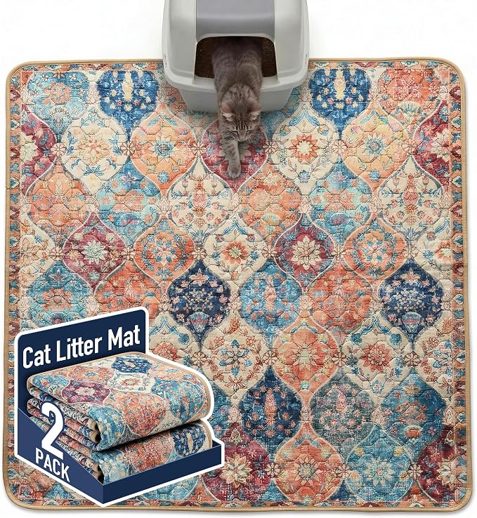 Hompet Cat Litter Mat 2 Pack, 54x54 Large Machine Washable Trapping Mats for Cats, Super Absorbent & Urine-Proof Cat Litter Box Mat for Floor, Waterproof & Non Slip Kitty Litter Rug by Hompet