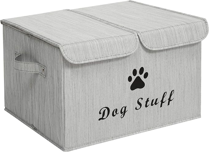 Large Dog Toys Storage Box Canvas Storage Basket Bin Organizer with Lid - Collapsible Linen Bin Ideal for Organizing Dog Cat Toys and pet Stuff-PP Boad-17" x 12" x 10" - Slub Gray by Brabtod