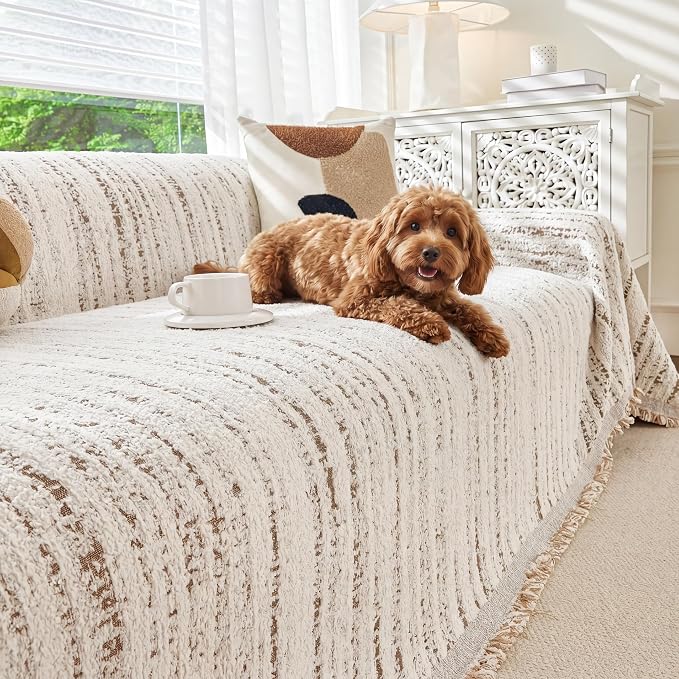 Couch Cover for Dogs Washable Sofa Cover, Sectional Couch Covers, Sofa Covers for 2 Cushion Couch, Non Slip Stripe Sofa Slipcovers Furniture Protector (Quicksand White 71x134) - Image 10