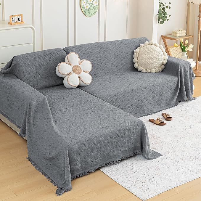 MYSKY HOME Couch Cover for Sectional Sofa, 2 Pieces Couch Covers for L Shape Sofa Geometrical Sofa Slipcovers for 2-3 Cushion Couch Sofa Throws for Pets, Kids (71"x118"+71"x118", Frost Grey) by MYSKYHOME