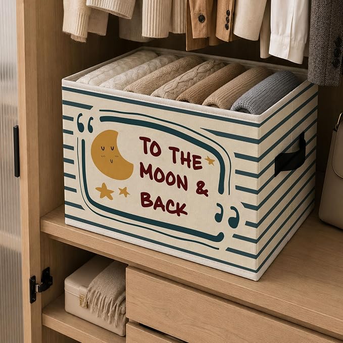 To The Moon Back Storage Bins Box with Handles, Calming Collapsible Storage Basket, Moon Stars Foldable Basket for Organizing Playroom Nursery Bedroom Toys Books Clothes - Image 6