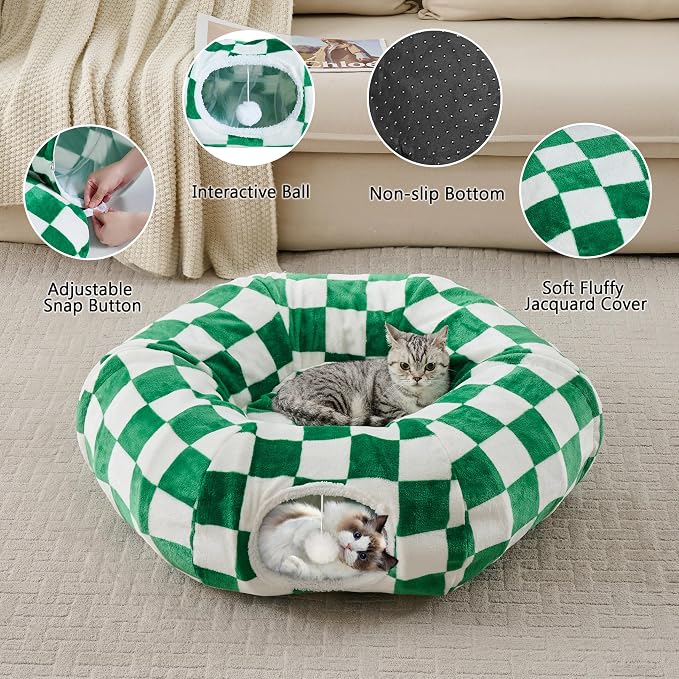 Cute Round Cat Tunnel for Indoor Cats, Green/White | Peekaboo Cat Cave with Dangling Balls, Checkered Pet Donut Tunnel Bed with Circle Mat for Puppy Kitten Rabbit - Image 3