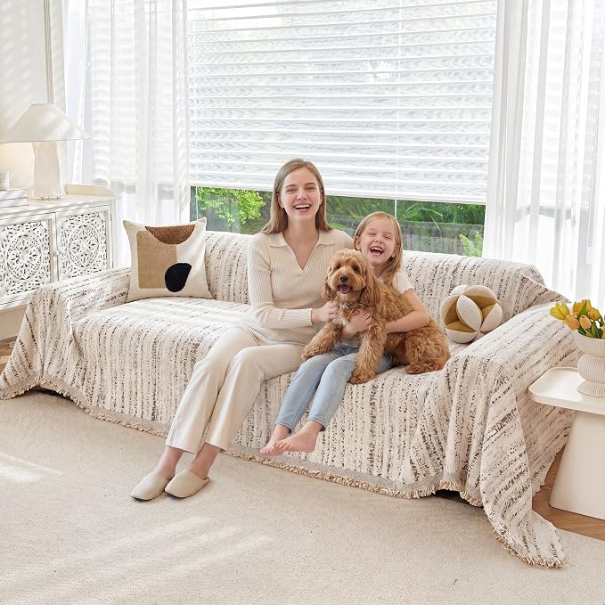 Couch Cover for Dogs Washable Sofa Cover, Sectional Couch Covers, Sofa Covers for 2 Cushion Couch, Non Slip Stripe Sofa Slipcovers Furniture Protector (Quicksand White 71x134) - Image 9
