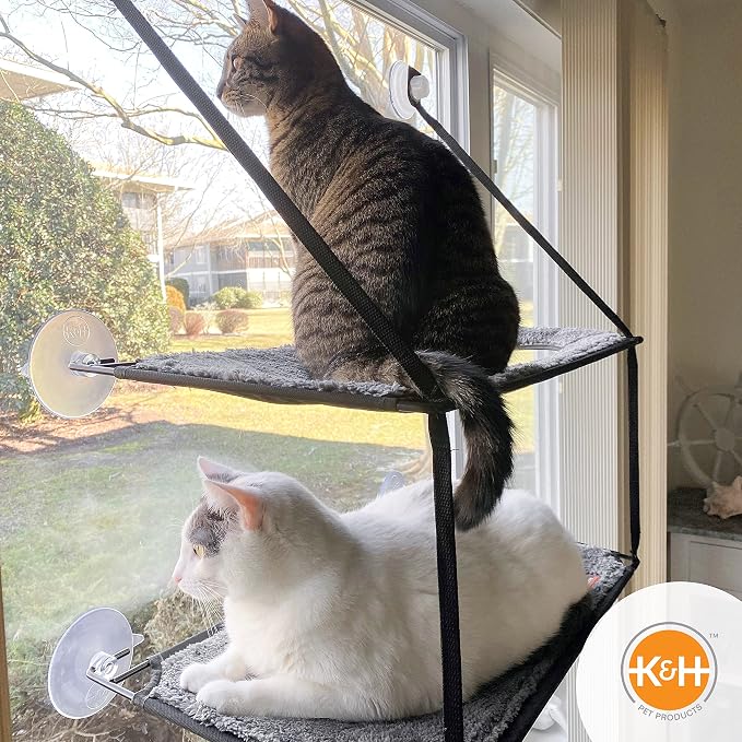 K&H Cat Window Perch, EZ Mount Double Stack Kitty Sill For Large Cats, Gray | Sturdy Cat Window Hammock Bed, Fits 27in Wx31in H Glass Spaces, Steel Frame & Suction Cups, 2 Washable Shelf Covers, Foldable - Image 8