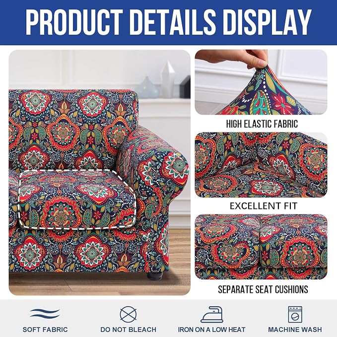 hyha Stretch Couch Cover, Sofa Covers for 2 Separate Cushion Couch Washable | Loveseat Cover, Floral Pattern, Printed, 3 Pieces, 2 Seater Furniture Protector with Elastic Bottom for Dogs, Pet Friendly - Image 4