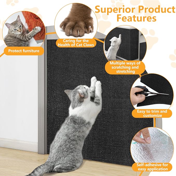 Cat Scratch Pad for Wall, Scratch Furniture Protector(78.7”×15.8”) | Cuttable and Adhesive Cat Scratching Mat, Fun Interactive Scratcher (Black) - Image 3
