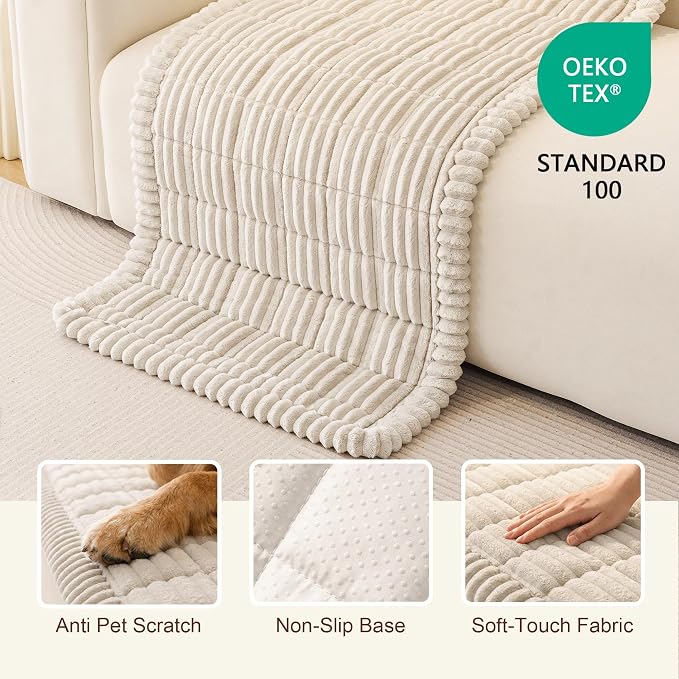 MEETSKY Cream Couch Covers for 3 Cushion Sofa, Plush Couch Cover for Dogs | Washable Couch Protector for Leather & Fabric Couches, Dog Mat for Couches Against Fur, Dirt, Pet Friendly, 27.6" x 82.7" - Image 2