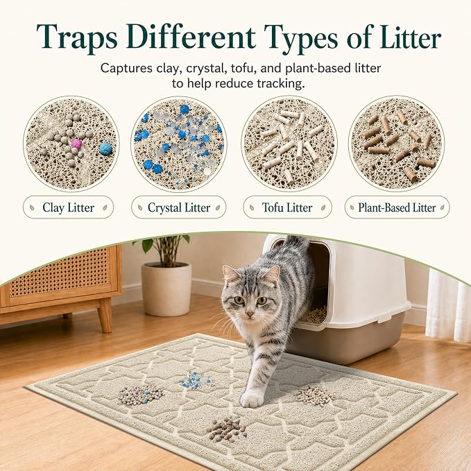 Yimobra Cat Litter Mat, Easy Clean Trapping PVC Mat, 35.4" x 23.6", Waterproof Backing, Non Slip Bottom, Scatter Control Pad for Litter Box, Beige - Image 2