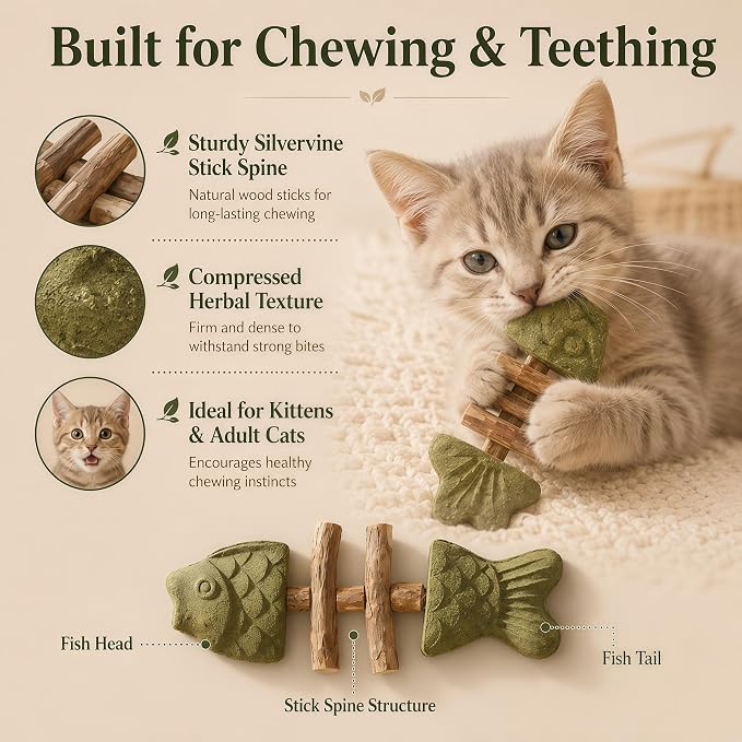 Catnip and Silvervine Chew Toy for Cats (3 PCS, Mixed Flavor) | Natural Fishbone Cat Dental Toy with Silvervine Sticks, Teeth Cleaning, Boredom Relief for Kittens & Adult Indoor Cats - Image 5