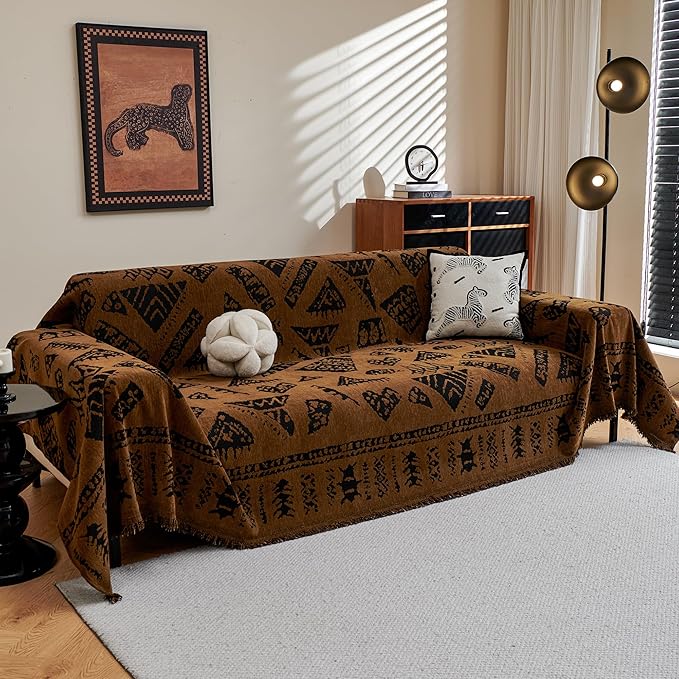MYSKY HOME Boho Couch Cover Sofa Covers, Couch Covers for 2-3 Cushion Couch Sofa, Chenille L Shape Sectional Couch Cover- Pet-Friendly, Machine Washable, Sofa Protector for Kid, 71"x118", Coffee by MYSKYHOME