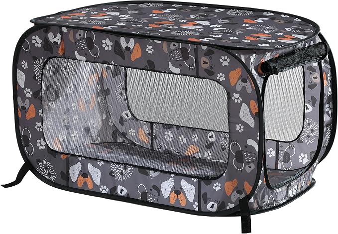 Portable Collapsible Pop Up Kennel, 40" L x 27" W x 27" H, Face of Love | Collapsible indoor/outdoor travel cat and dog crate with mesh screen windows pops up and folds flat for easy storage by BeatriceHomeFashions