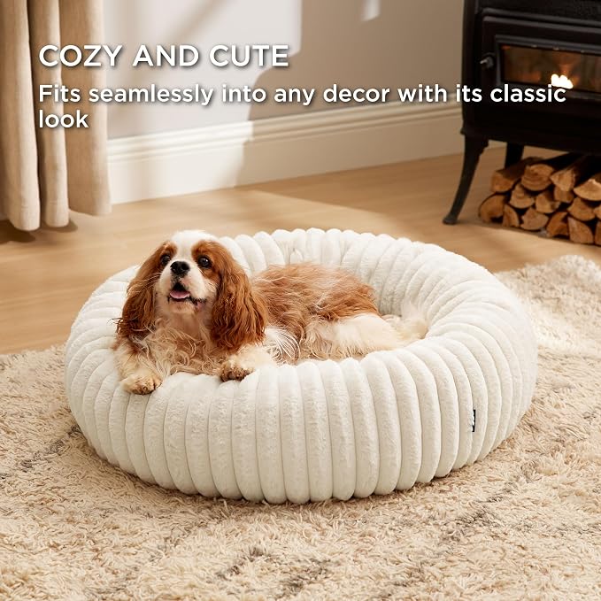 Bedsure ComfyFleece™ Donut Dog Bed Medium Size Dog with Washable Cover | 30x30x8in, Calming Round Pet Bed, Support Plush , with Removable Corduroy Fleece for Senior Dog,Anti Slip Bottom,Cream - Image 5