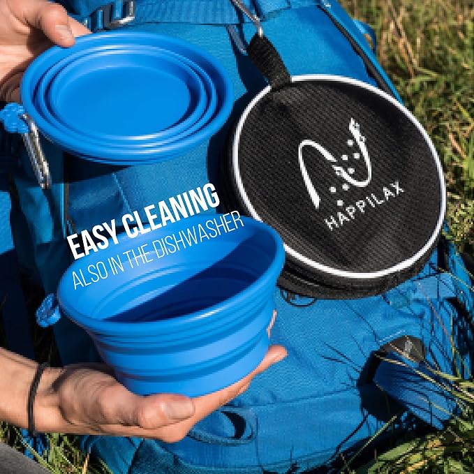 Travel Dog Bowl Set - 2 Foldable Silicone Food and Water Bowls with Carabiners and Bag - Collapsible Feeding Bowls for Wet and Dry Food - 680ml Capacity - Available in Black and Blue - Image 5