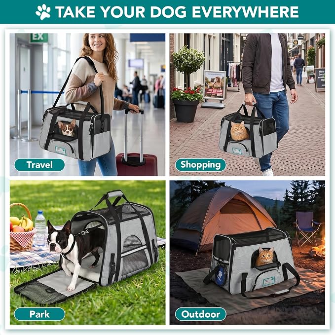 PetAmi Airline Approved Pet Carrier for Cats & Small Dogs, Large Light Gray | Soft Sided TSA Travel Bag, Sherpa Bed, Breathable Mesh Ventilation, Collapsible Bowl, Fits Under Seat, Up to 18 lbs - Image 7