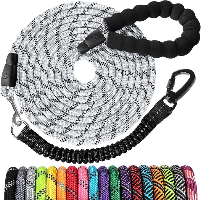 Long Dog Leash 15 FT: Heavy Duty Rope Leashes for Dogs Training with Swivel Lockable Hook Reflective Threads Bungee and Padded Handle - Dog Lead for Large Small Medium Dogs Outside Walking Hiking Grey by jenico