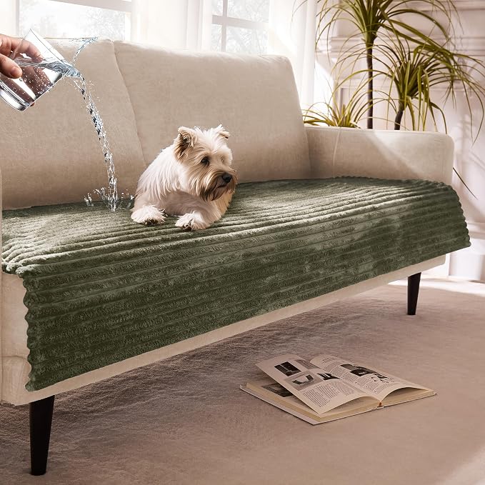 Dual Non-Slip Couch Cover for Dogs Waterproof, Fuzzy Soft Pet Couch Covers for Sofa 3 Cushion, Pet Friendly Soft Dog Bed Covers Sofa Cover Washable (Sage Green, 33" x 95" 1 Pack) by Meider