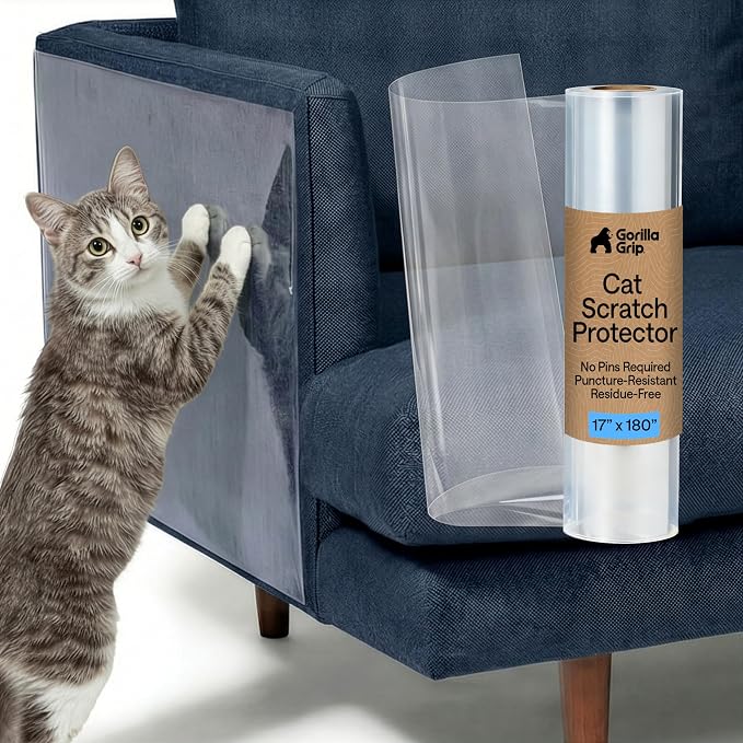 GORILLA GRIP No Pin Cat Scratch Furniture Protector, Puncture Resistant Heavy Duty Adhesive Couch Guard, Transparent Anti-Scratch Clawing Deterrent Cover for Sofa, Flexible Cut to Fit Roll, 17" x 180" by Unknown