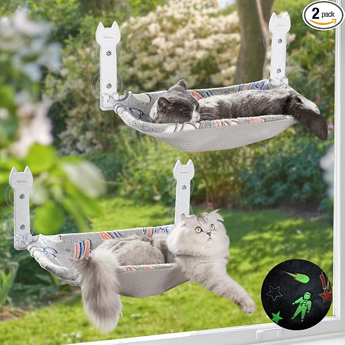 HiPetpy 2-Pack Large Cat Window Perch, Cordless Foldable Cat Hammock | Glow in the dark fabric, removable soft cover, breathable mesh, suction cups, large window cat bed for indoor cats by HiPetpy