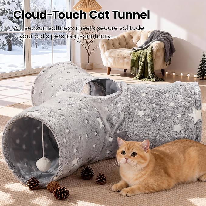 Tempcore 3-Way Collapsible Cat Tunnel Toy with Self-Luminous Tube & Teaser Wand, Peek Holes & Hanging Ball, Photoluminescence Play Tunnel for Indoor Cats, Puppy, Rabbit - Image 4