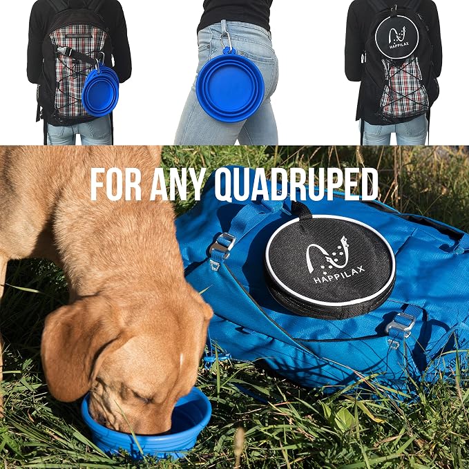 Travel Dog Bowl Set - 2 Foldable Silicone Food and Water Bowls with Carabiners and Bag - Collapsible Feeding Bowls for Wet and Dry Food - 680ml Capacity - Available in Black and Blue - Image 4