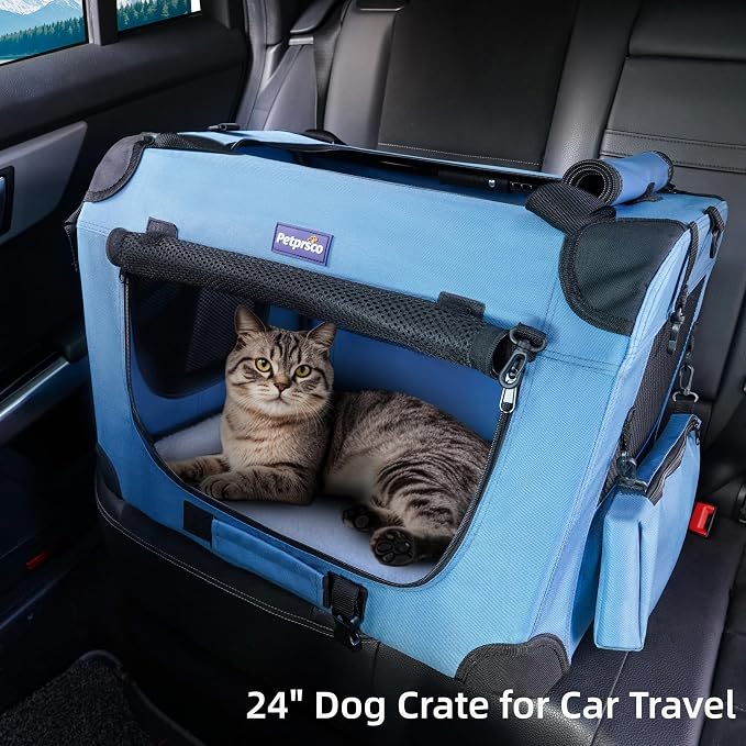 Petprsco Portable Collapsible Dog Crate, 24" Soft Dog Crate for Car Travel | Includes Mat, Blanket & Bowl, Strong Fabric, 4-sided Mesh Vents, 3 Doors, Fit Small Dogs & Large Cats Indoor and Outdoor Use - Image 6