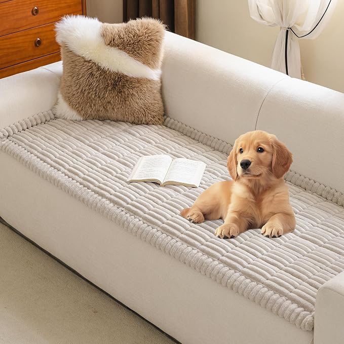 MYSKY HOME Couch Covers for Dogs, Non-Slip Sofa Cover, Oatmeal, 27.6x82.7in | Couch Covers for Sofa, L Shaped Sectional Couch Cover, Sofa Covers for Pets Washable, Couch Cushion Cover, Leather Slipcover by MYSKYHOME