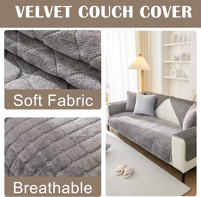 Couch Arm Covers for Dogs, Velvet Non-Slip Couch Covers for Sofa | Fuzzy Sofa Slipcovers Armrest Pads, Sofa Cover Washable, Furniture Protector,Pet Sofa Cushion Cover (1PC, Grey, 28"X28") - Image 2