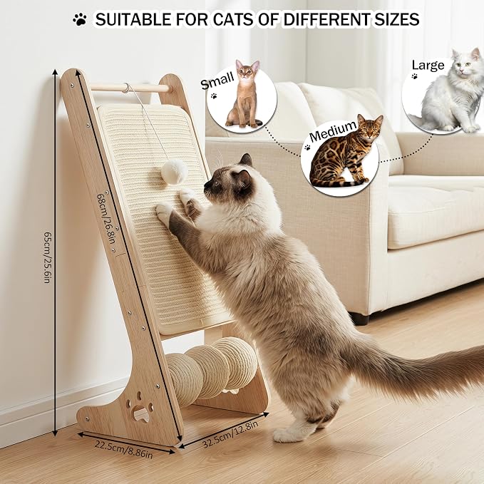 Cat Scratcher for Indoor Cats, Sisal Cat Scratching Board with 3 Sisal Scratch Balls, Solid Wood Cat Scratchers Pad Ramp, L-Shaped Cat Scratching Post - Image 2